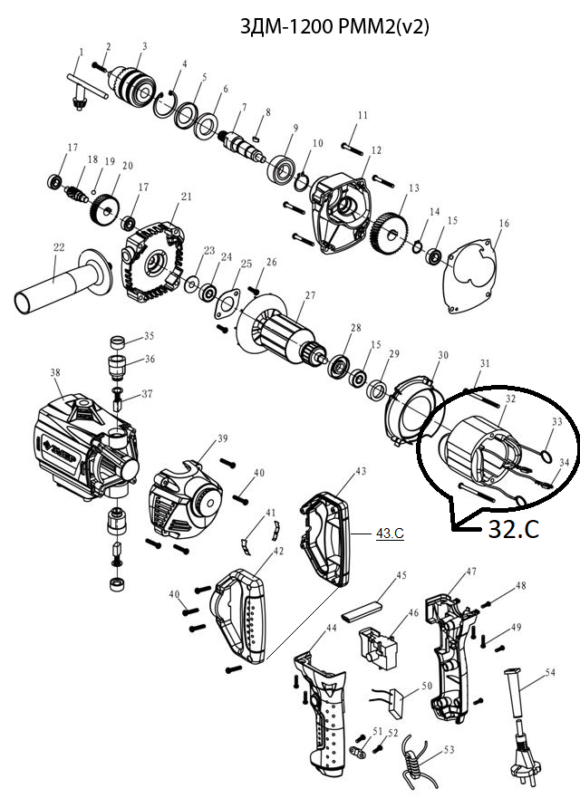 ЗУБР 1200 Вт, 16 мм, дрель-миксер, Профессионал (ЗДМ-1200 РММ2) - разборная схема